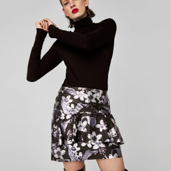 Zara Skirts Zara Floral Printed Black Faux Leather Skirt Large